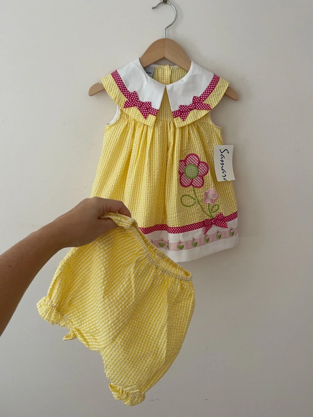 VINTAGE SAMARA NWT Bright Gingham Seersucker Floral Appliqué Collared Dress